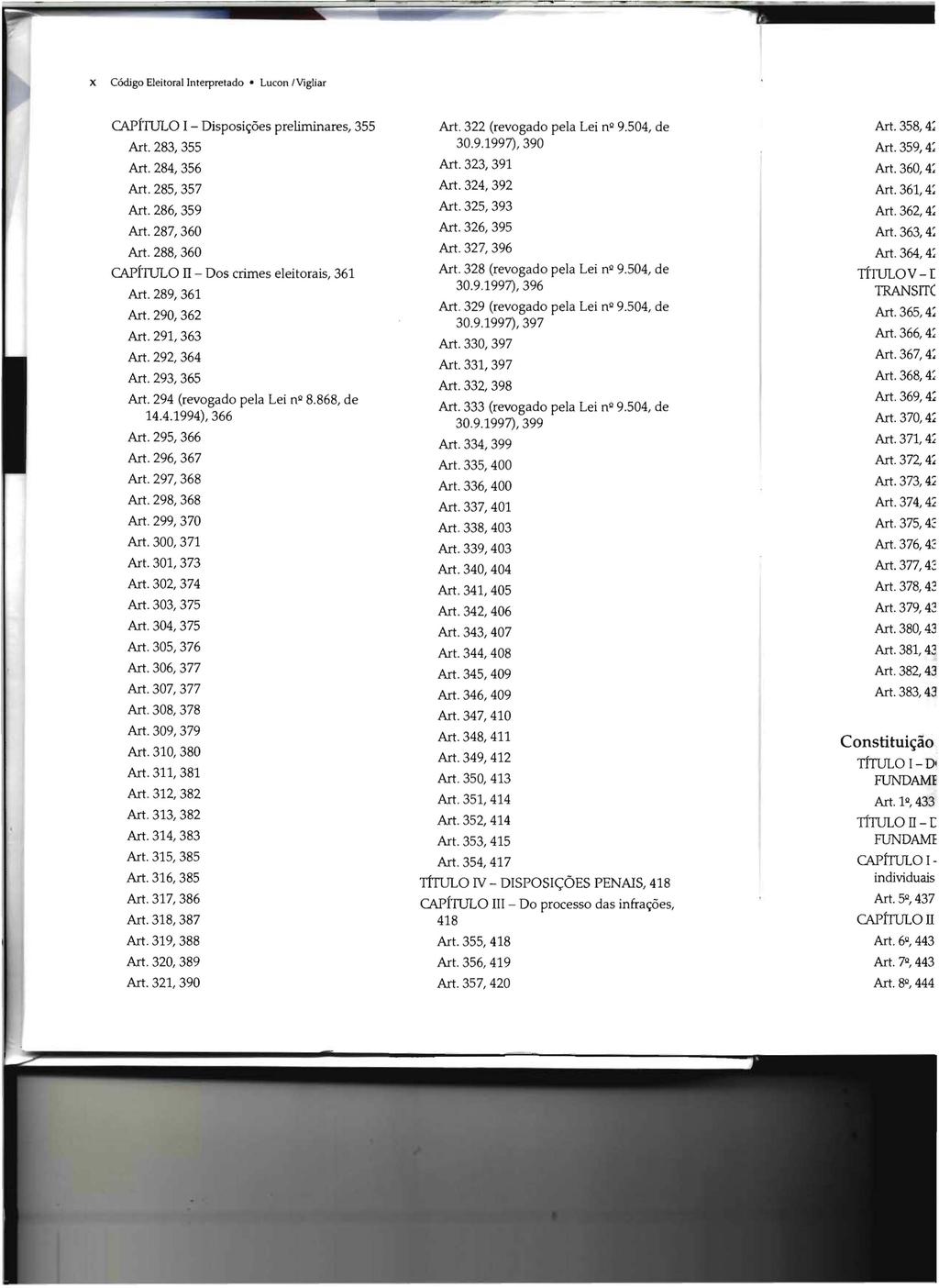 x Código Eleitoral Interpretado. Lucon IVigtiar CAPÍTULo I - Disposições preliminares, 355 Art. 283, 355 Art. 284, 356 Art. 285,357 Art. 286,359 Art. 287, 360 Art.