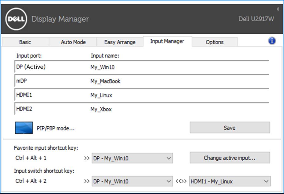 Gerenciando Entradas Múltiplas de Vídeo A aba de Input Manager(Controle de Entrada) fornece maneiras convenientes para que você controle as entradas de vídeo múltiplas conectadas ao seu monitor Dell.