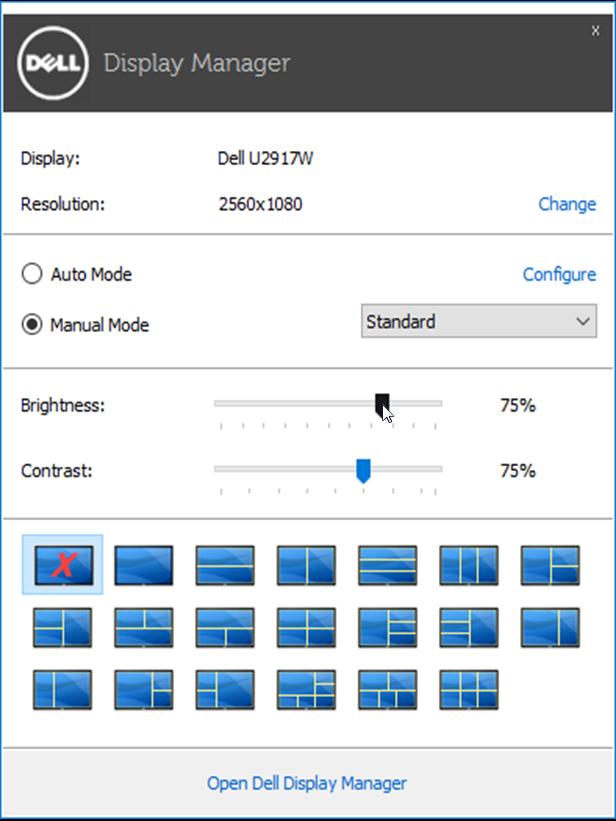 Uso da caixa de diálogo de configurações rápidas Clicar no ícone da bandeja de notificação do Dell Display Manager abre a caixa de diálogo de configurações rápidas.