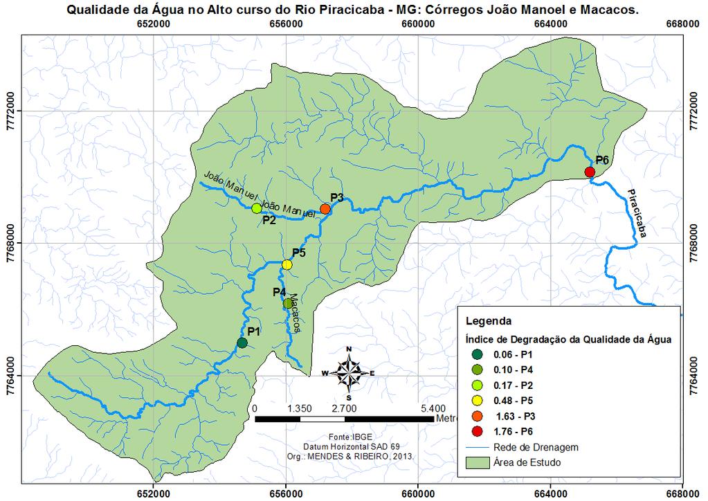 Piracicaba. Os resultados referem-se a um índice da qualidade da água utilizando os parâmetros que apresentaram maior relação com a atividade de mineração, turbidez e condutividade elétrica.