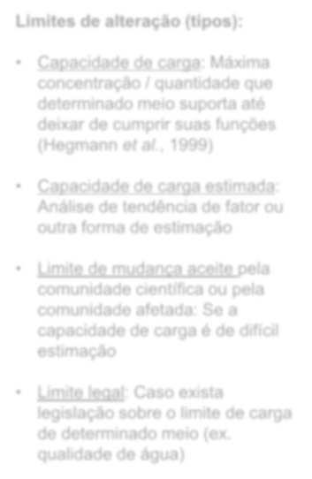 LIMITES DE ALTERAÇÃO Limites de alteração (tipos): Limites de alteração (IFC, 2013): Definem: Balizas para além das quais as alterações nos fatores em resultado dos impactos tornam-se