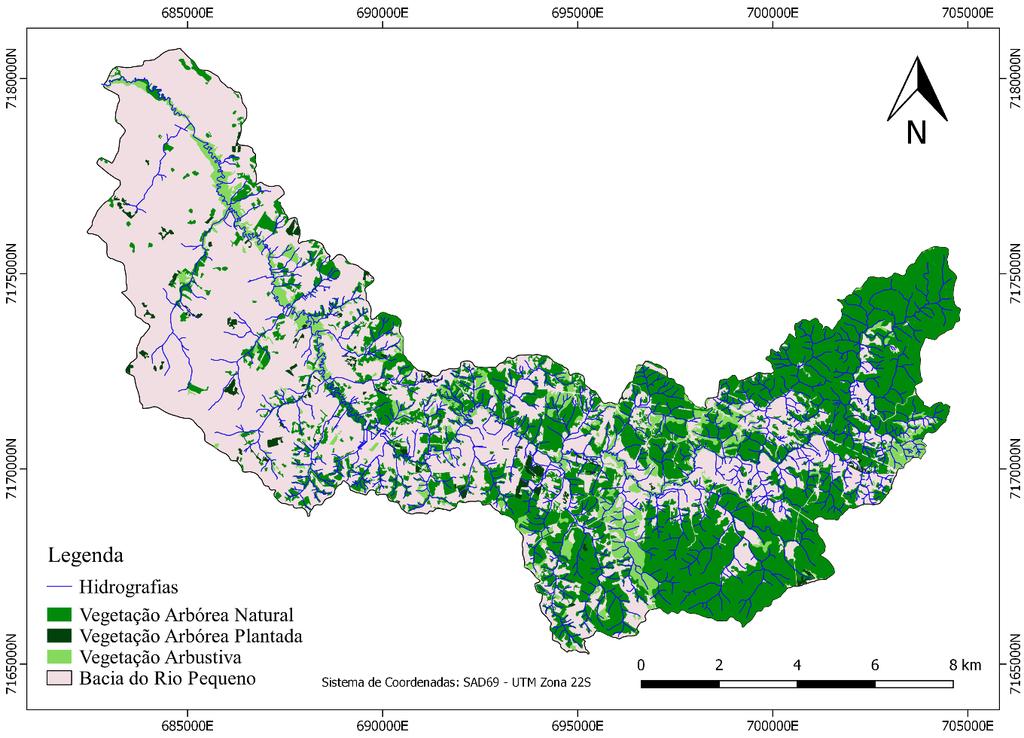 Figura 2: Distribuição das áreas de vegetação florestal na bacia do Rio Pequeno PR e hidrografias. Fonte: SUDERHSA (2000) e ÁGUASPARANA (2017). Tabela 2.