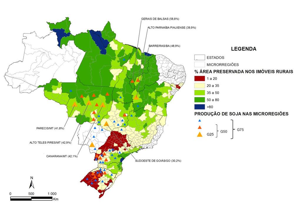 Figura 1. Mapa da produção de soja (2016) por microrregiões e áreas dedicadas à preservação nos imóveis rurais do Brasil Fonte: IBGE (2016) e Embrapa Monitoramento por Satélite (2017).