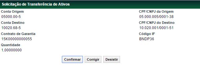 Campo Conta Origem Conta que fará a transferência dos ativos. Pode ser conta própria, conta cliente ou conta 68 da parte ou da contraparte do Contrato de Garantia.