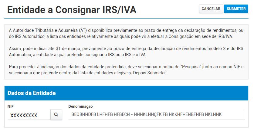 06 COMUNICAR ENTIDADE A CONSIGNAR IRS/IVA APÓS SELECIONAR UMA ENTIDADE DA LISTA, OS DADOS DA