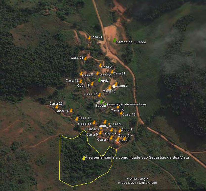 Figura 2: Área de estudo na comunidade Sebastião da Boa Vista, Santos Dumont, MG. Visão aérea do programa Google Earth mostrando as dimensões da comunidade.