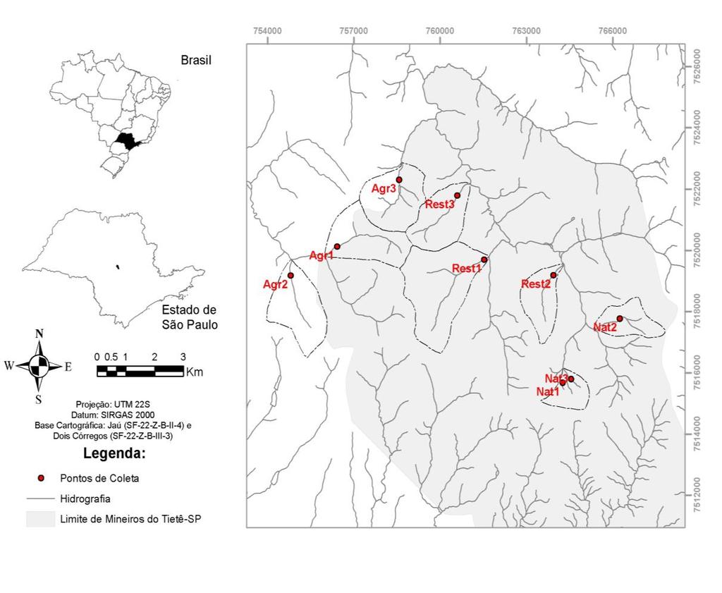 Figura 1. Localização dos riachos amostrados e suas respectivas microbacias nos limites do município de Mineiros do Tietê SP. Tabela 1. Localização e ordem dos riachos avaliados neste estudo.