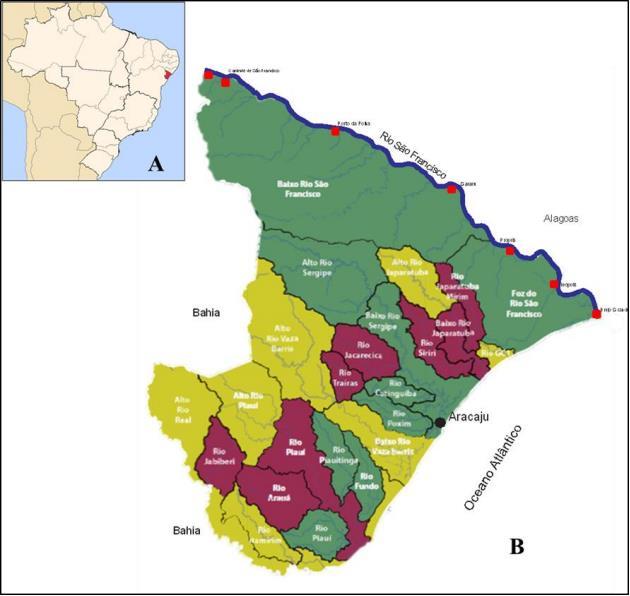 Figura 1 O estado de Sergipe. A. localização no território brasileiro. B. Bacias Hidrográficas. As cores representam saldos hídricos críticos (amarelo), deficitária (vermelho), superavitária (verde).