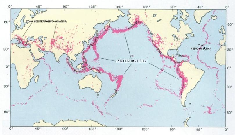 Sismos e Tectónica de Placas Considerando os epicentros dos principais sismos registados durante o século XX, podem distinguir-se três grandes zonas sísmicas a nível mundial: Zona Mediterrânico-