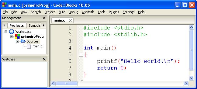 A IDE Code::Blocks Seu projeto foi criado. Agora abra o arquivo main.c, que está na pasta sources, dando um clique duplo no nome do arquivo.