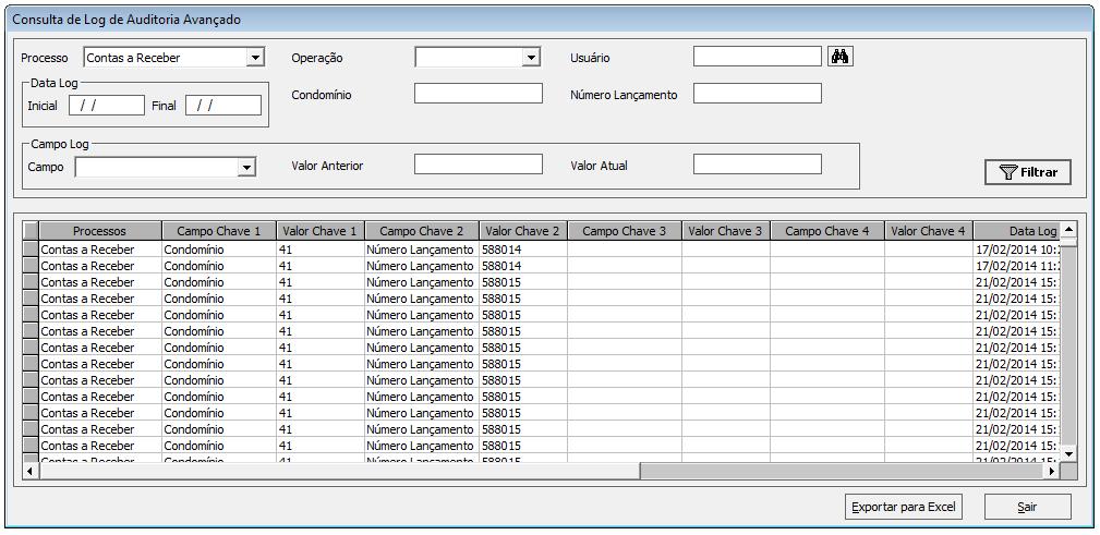 2. O sistema exibirá a tela Consulta de Log de