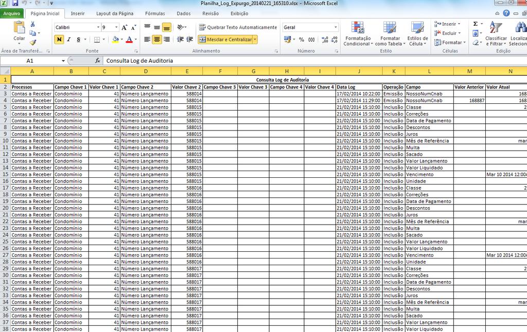 4. O sistema irá gerar automaticamente, uma planilha em Excel com descrição Planilha_Expurgo_AAAAMMDD_HHMMSS, onde: a.