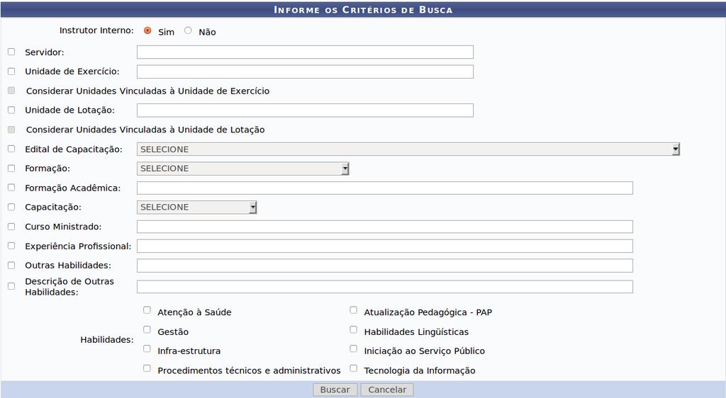 213 Consultar Instrutor Esta funcionalidade possibilita a consulta, alteração e exclusão dos servidores instrutores ou pessoas externas a instituição também instrutores cadastrados anteriormente