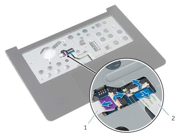 2 Levante as travas e desconecte o cabo luz da placa-status e o cabo do touchpad da placa de sistema.