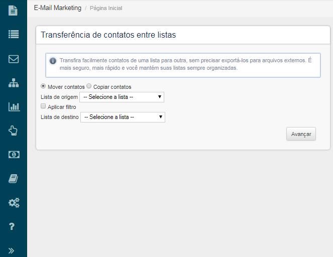 Utilize o menu lateral esquerdo para sair da tela de transferência de contatos. Verifique a quantidade de contatos em cada uma das listas antes da importação.