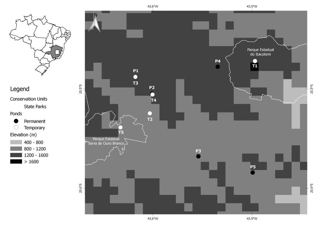 Figura 1: Localização, hidroperíodo e elevação das lagoas permanentes e temporárias amostradas na região de Ouro Preto e Ouro