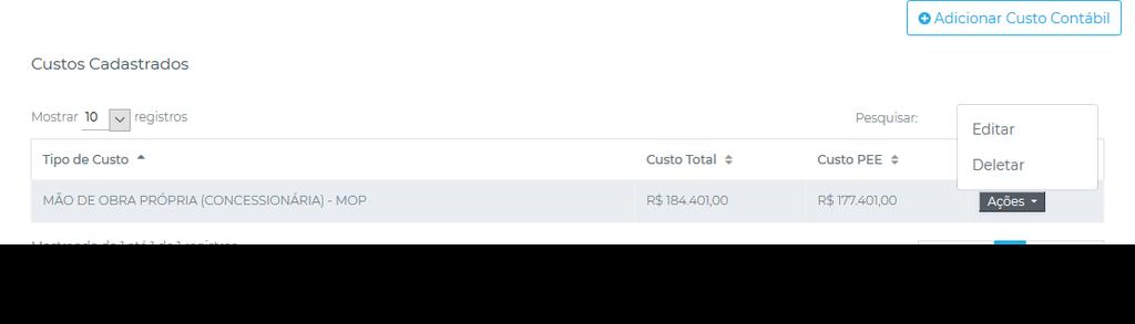 Após clicar no botão + Adicionar Custo Contábil, assinalado acima, preencher os seguintes campos (Figura 45): Figura 45 Após preencher todos os campos corretamente, como na imagem, basta clicar no