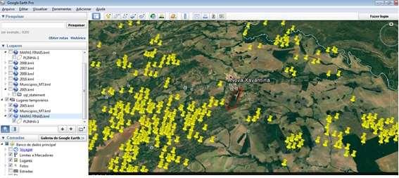 Mapa de Nova Xavantina MT com focos de incendio no ano de 2005.