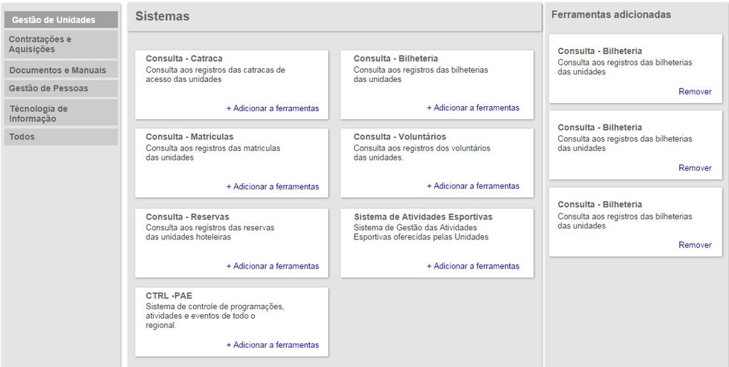 3.45. C46 Sistemas 3.45.1. Descrição Componente de exibição dos sistemas e sistemas favoritos do usuário. 3.45.2. Referência SharePoint Lista Sistemas ; Lista Sistemas favoritos. 3.45.3. Regras de exibição Serão exibidos todos os sistemas ordenados pelo título em ordem alfabética.