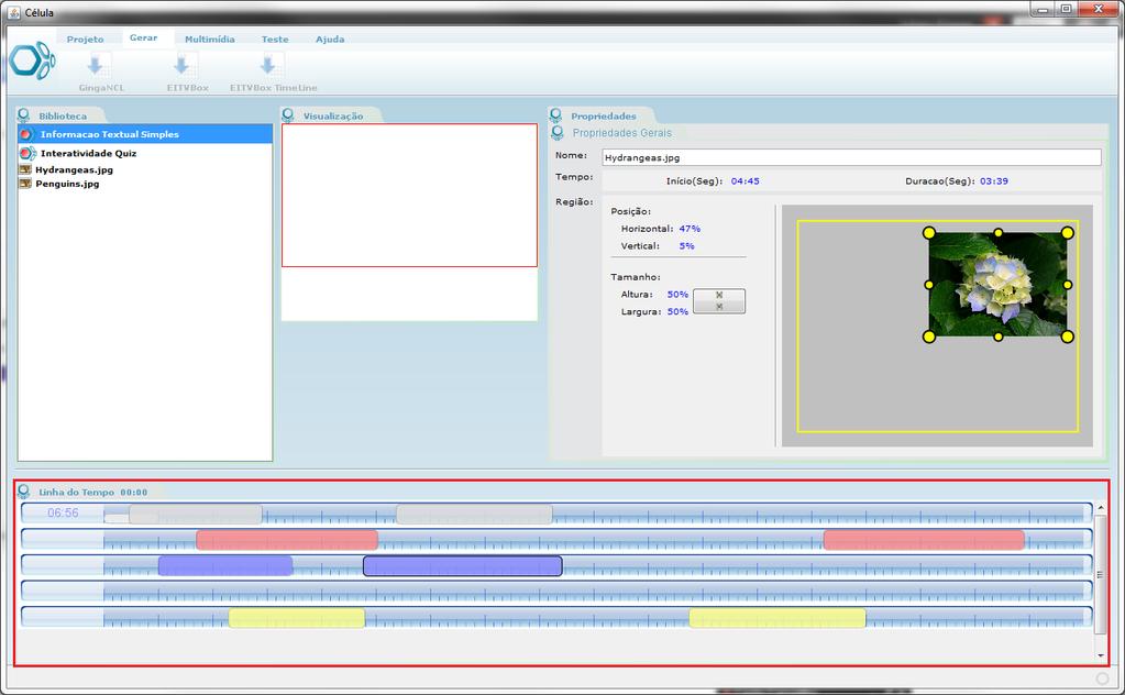 Linha Temporal Primeiramente é preciso inserir os recursos que serão utilizadas na aplicação (vídeo, áudio, imagens e aplicações) através do menu Multimídia e Interatividade.