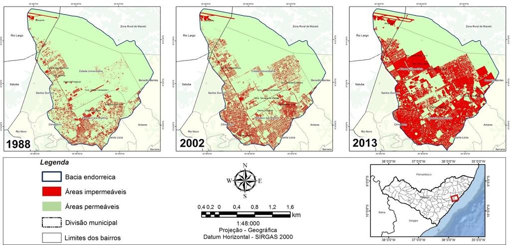 Figura 4. Áreas impermeabilizadas na bacia endorreica nos anos de 1988, 2002 e 2013.