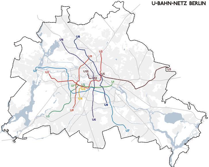 BVG Operadora pública de metrô, VLT e ônibus em Berlim: 1) O Metrô de Berlim Malha do U-Bahn Berlin U-Bahn: Metrô de Berlim 1,46 milhões de passageiros / dia 10 linhas diurnas e 8 noturnas 146,3 km