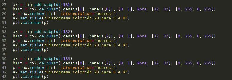 Histogramas coloridos Entendendo o código: Das linhas 33 até 37 e de 39 até