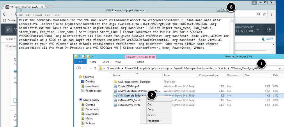 Clique em Show in Folder PowerCLI Exemplo de script do VMC 1.
