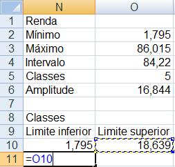 Figura 60 Cálculo dos limites inferior e do limite superior da primeira classe de Renda O limite inferior da primeira classe será o