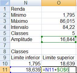 (amplitude das classes). A amplitude das classes é referência absoluta, para possibilitar arrastar a fórmula até o final da tabela.