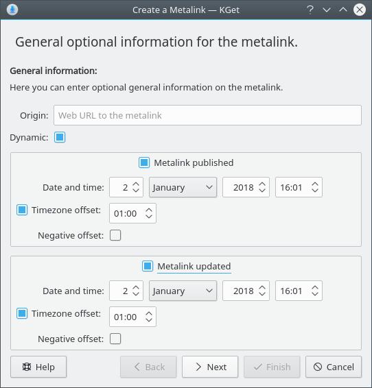 Aqui poderá optar por introduzir alguma informação geral opcional, como o local de onde este metalink poderá ser