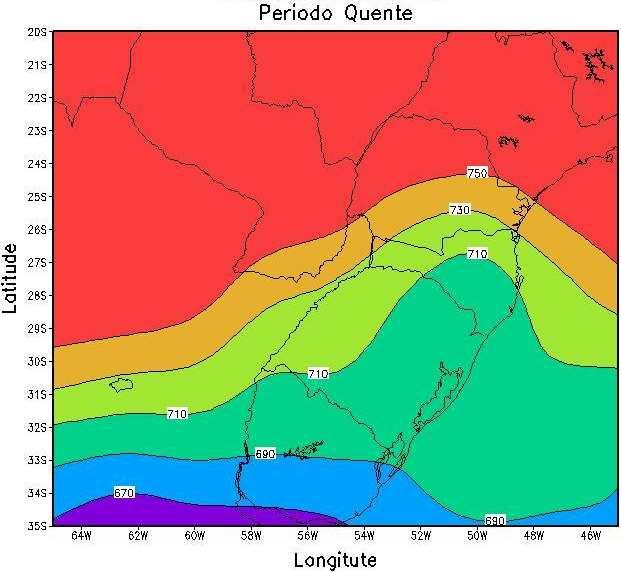 2000 10,2 1380 Normal 2001 12,5 1200 Quente 2002 11,5 1320 Quente 2003 8,2 2100 Frio 2004 10 1680 Frio 2005 12 1620 Quente A Figura 2a e 2b mostra a anomalia média de Radiação Onda Longa (watts.