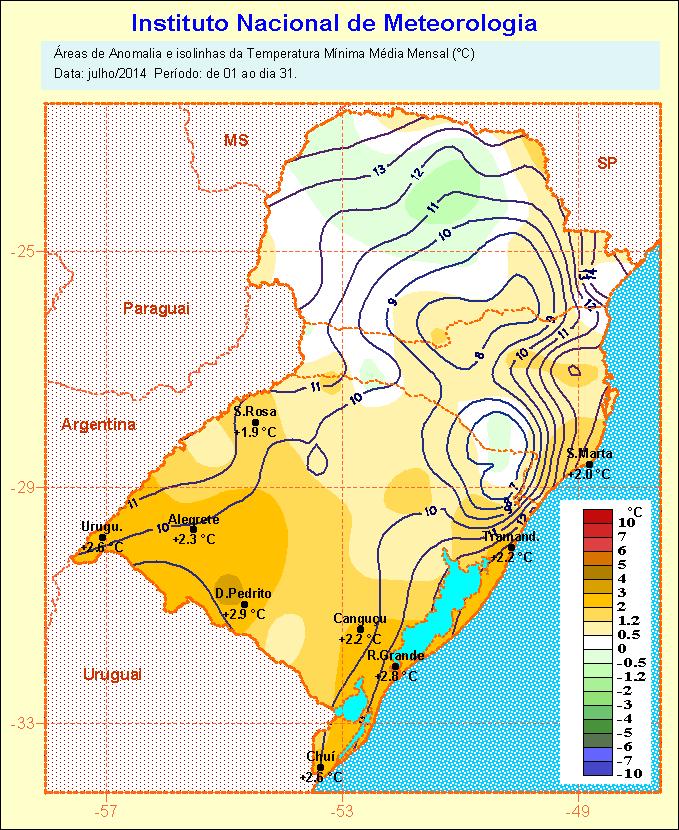 Figura 2. Temperatura Mínima, Temperatura Máxima e anomalias no mês de julho/2014.