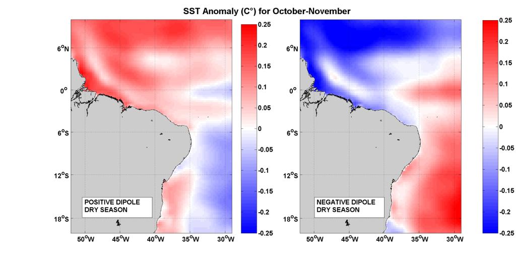 20 Figura 5 - Anomalia de TSM ( C) para o meses Outubro-Novembro (estação seca) de 1979 a 2013, durante a fase positiva (à esquerda) e negativa (à direita) do Padrão de Dipolo sobre o Atlântico