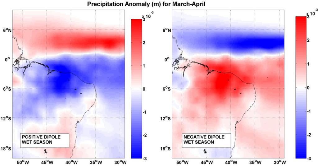 23 4.3 Precipitação (PPT) Para a estação chuvosa (figura 9), a anomalia média climatológica de precipitação diária variou entre 3 mm a mais ou amenos que a média.