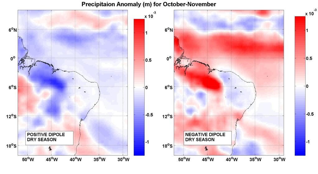 24 Figura 10 - Anomalia de Precipitação diária (m) para o meses Outubro-Novembro (estação seca) de 1979 a 2013, durante os anos de fase positiva (à esquerda) e negativa (à direita) do Padrão de