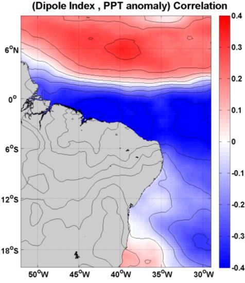 25 Figura 11 - À esquerda, gráfico de correlação entre a anomalia da precipitação (m) e oíndice do Dipolo para o Porto do Mucuripe durante quadra chuvosa.