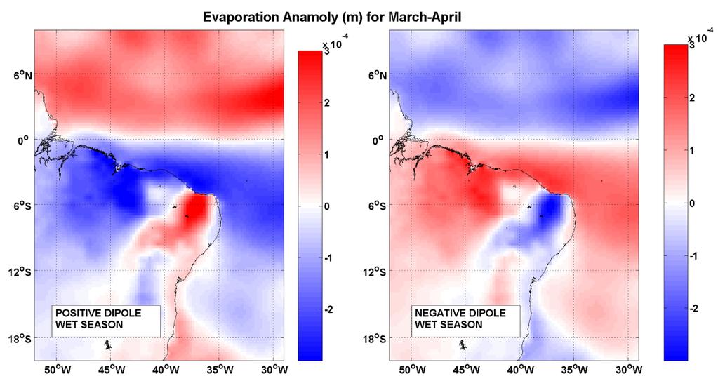 28 Figura 14 - Anomalia de Evaporação (m) para o meses Março-Abril (estação chuvosa) de 1979 a 2013, durante os anos de fase positiva (à esquerda) e negativa (à direita) do Padrão de Dipolo sobre o