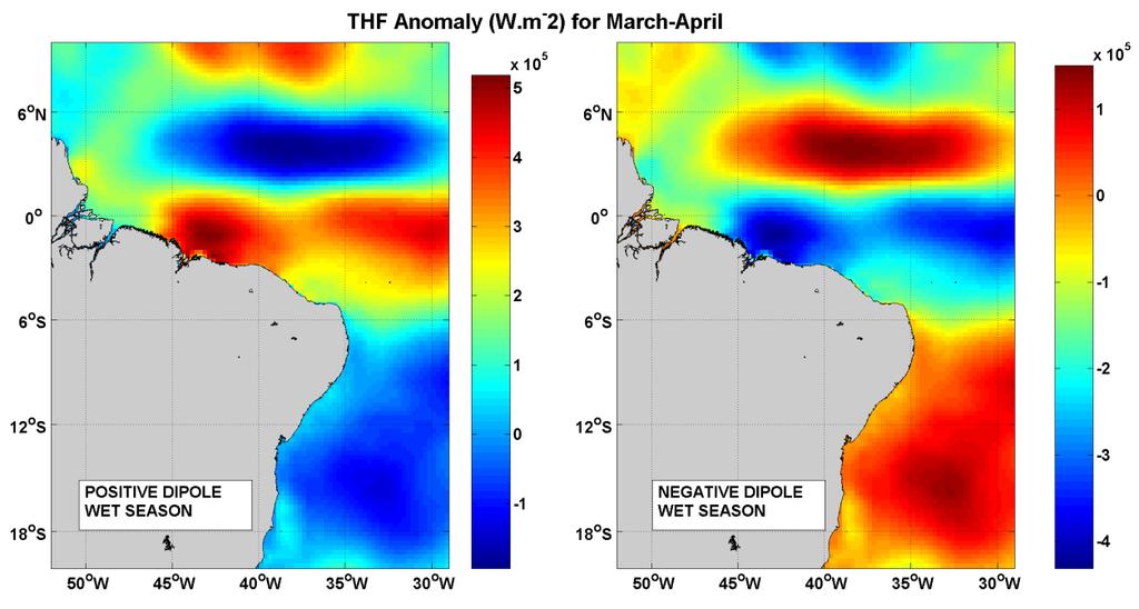 39 Figura 27 - Anomalia do Fluxo de Calor Total (W/m²) para os meses Março-Abril (estação chuvosa) de 1979 a 2013, durante os anos de fase positiva (à esquerda) e negativa (à direita) do Padrão de