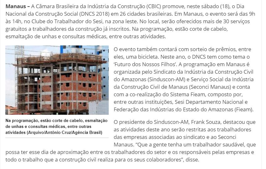 CLIPPING DE NOTÍCIAS Título: Dia da Construção Social oferece mais de 30 serviços gratuitos a trabalhadores em Manaus Veículo: D24AM Data: 17.08.
