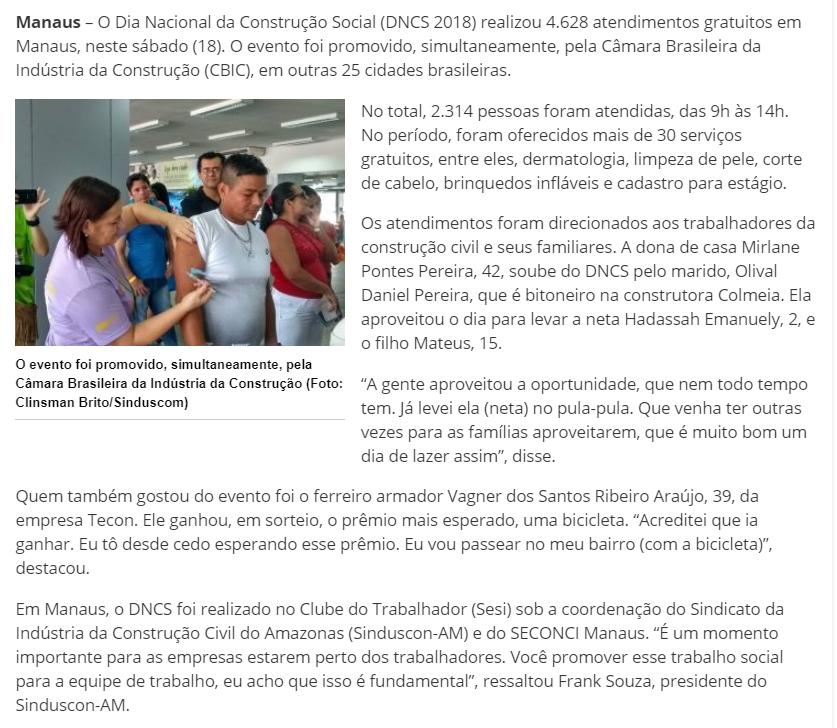CLIPPING DE NOTÍCIAS Título: Dia da Construção Social Realiza mais de 4,6 mil atendimento em Manaus Veículo: D24AM Data: 18.08.
