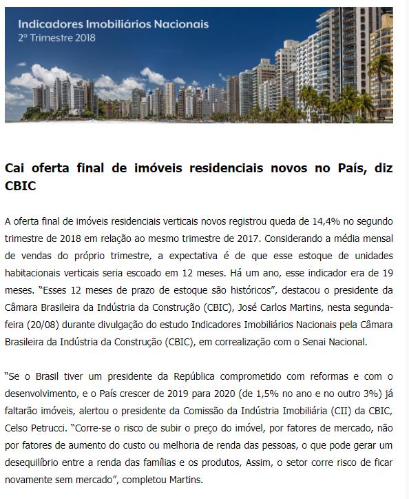 CLIPPING DE NOTÍCIAS Título: Cai oferta final de imóveis residenciais novos no País, diz CBIC