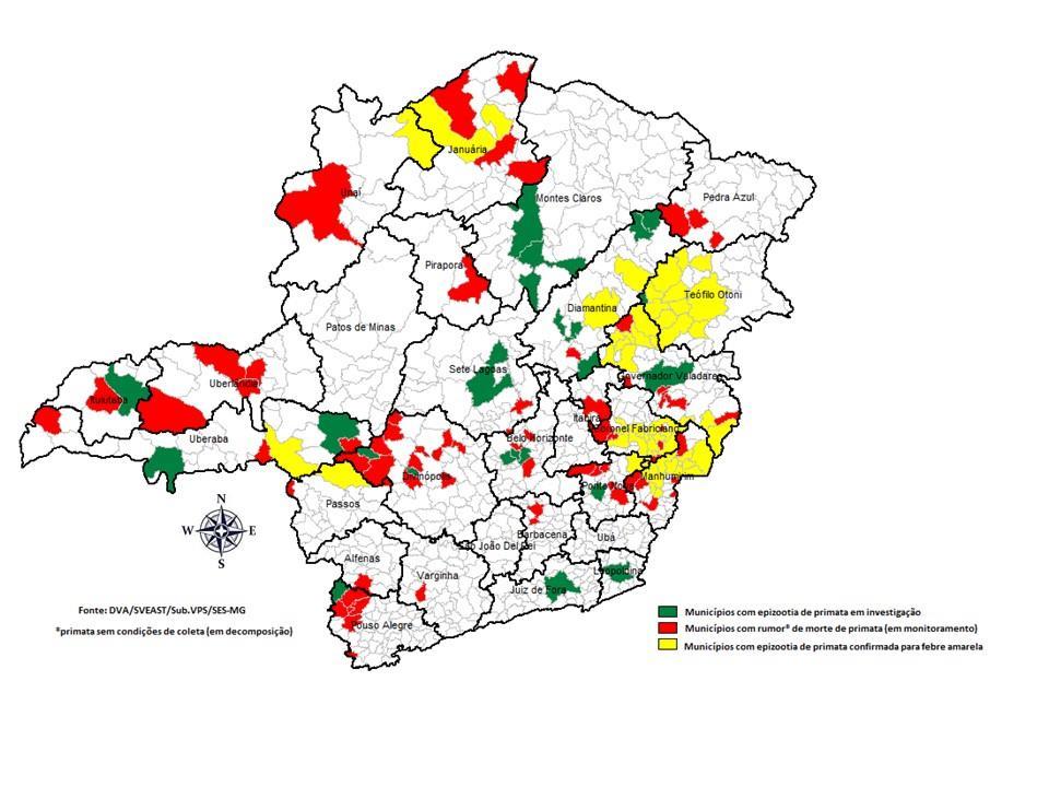 Figura 5 Rumores de epizootias, epizootias de primatas não humanos em investigação e epizootias confirmadas para febre amarela, Minas Gerais, Dezembro/2016 - Fevereiro/2017. 2.