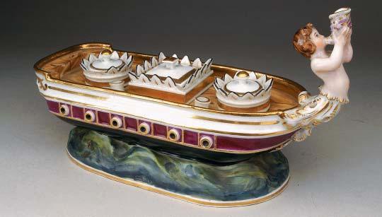 122 TINTEIRO BERGANTIM, porcelana, decoração policromada, faltas nos depósitos, sem marca (1836-1851) Nota -