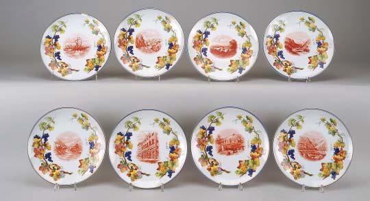 136 COLECÇÃO VINHO DO PORTO - 1984, oito pratos em porcelana, decoração policromada e a sépia, um com