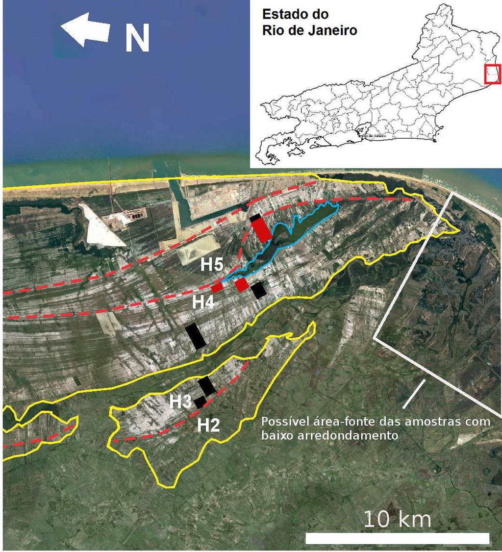 59 Figura 42: Imagem destacando (polígono branco) possível área-fonte para os sedimentos com baixo grau de arredondamento (localizados nos traços hachurados em vermelho) presentes no sistema de