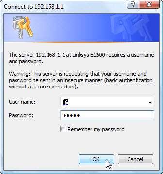 Passo 8 Abra um navegador. Digite o endereço IP do seu gateway padrão no campo URL e, em seguida, pressione Enter. A janela "Connect to" aparecerá.