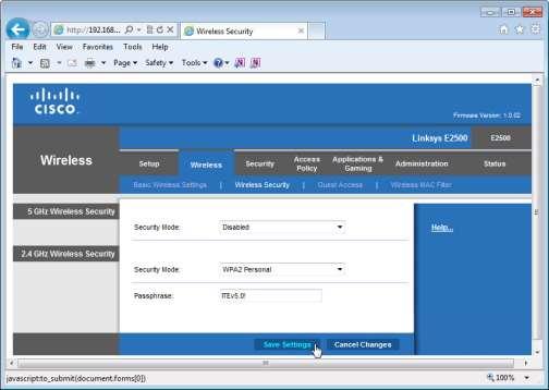 Na caixa de seleção Security Mode, para a "2.4GHz Wireless Security", selecione WPA2 Pessoal. Digite ITEv5.0! em Passphrase e clique em Save Settings > Continue.