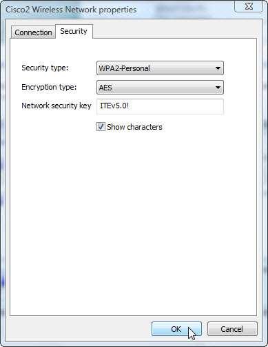 A janela "Propriedade da Rede Sem Fio Cisco#" será aberta. Selecione a guia Segurança e, em seguida, defina o "tipo de segurança:" para WPA2-Personal, digite ITEv5.0!