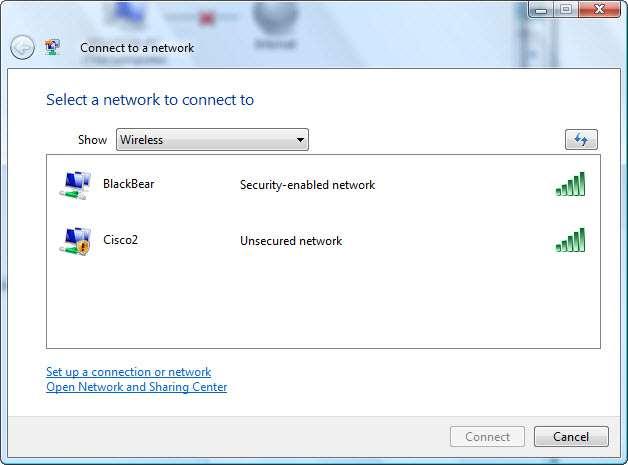 Clique em Iniciar > Painel de Controle > Central de Rede e Compartilhamento > Conectar a uma rede.
